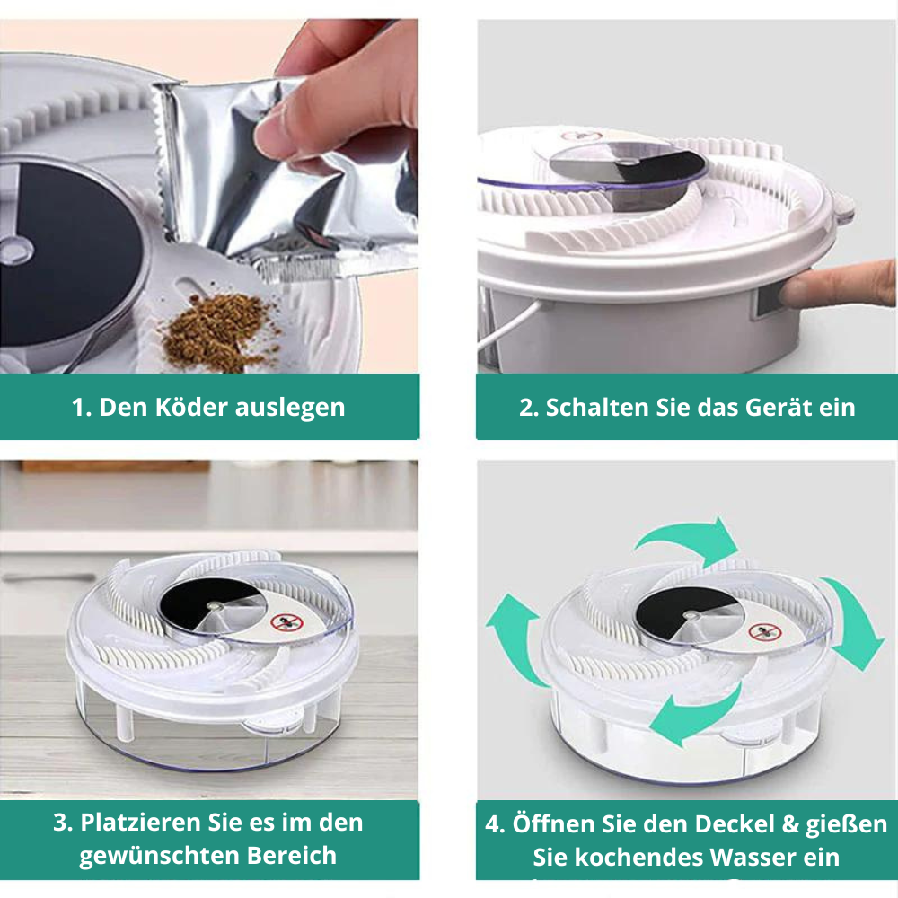 Leise, effektive Fliegenfalle für drinnen, mit Köderstationen, ungiftig. Perfekt für insektenfreie Sommerabende.