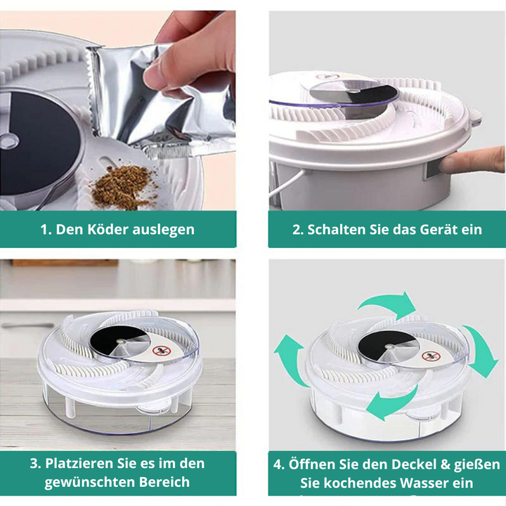 Leise, effektive Fliegenfalle für drinnen, mit Köderstationen, ungiftig. Perfekt für insektenfreie Sommerabende.