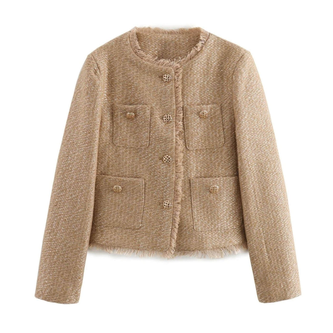 "Lena Tweedjacke für Damen, strukturiert mit Golddetails, ideal für elegantes Auftreten, komfortabel und vielseitig."