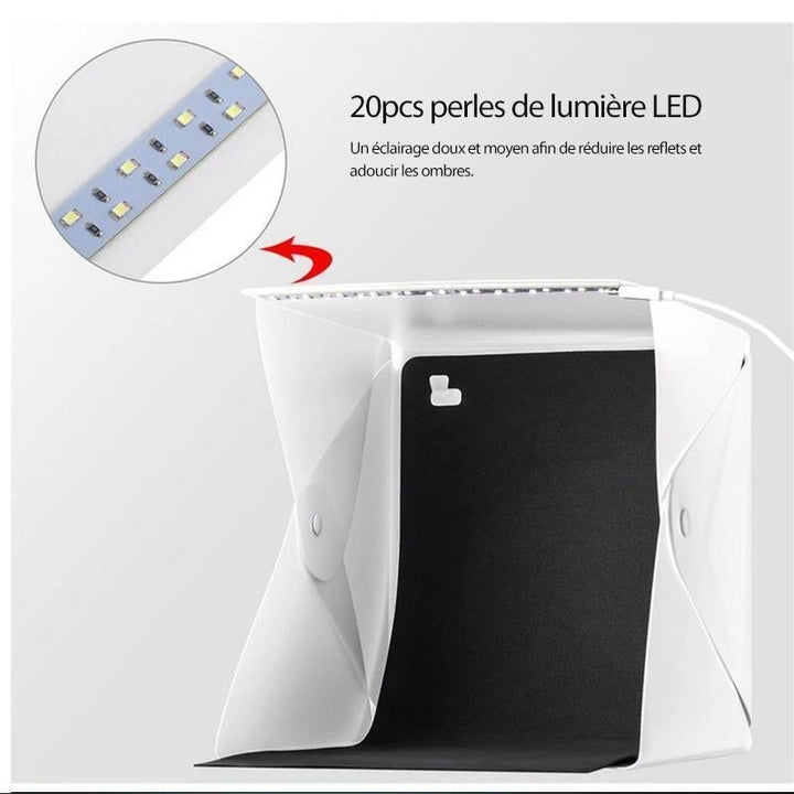 "Lichtbox für Fotostudio, ideal für Produktfotografie, kompakte Größe, gleichmäßige Beleuchtung, weißer Hintergrund."