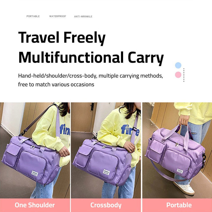 "Lila Damen-Reisetasche mit Schuhfach und mehreren Taschen, ideal für Reisen und Sport, robust und wasserdicht."