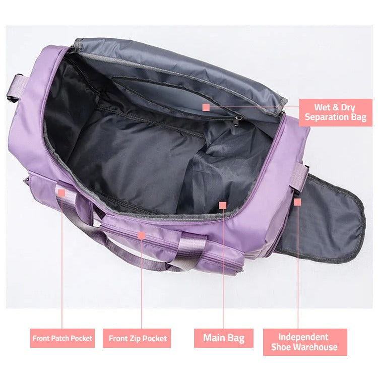 "Lila Damen-Reisetasche mit Schuhfach und mehreren Taschen, ideal für Reisen und Sport, robust und wasserdicht."