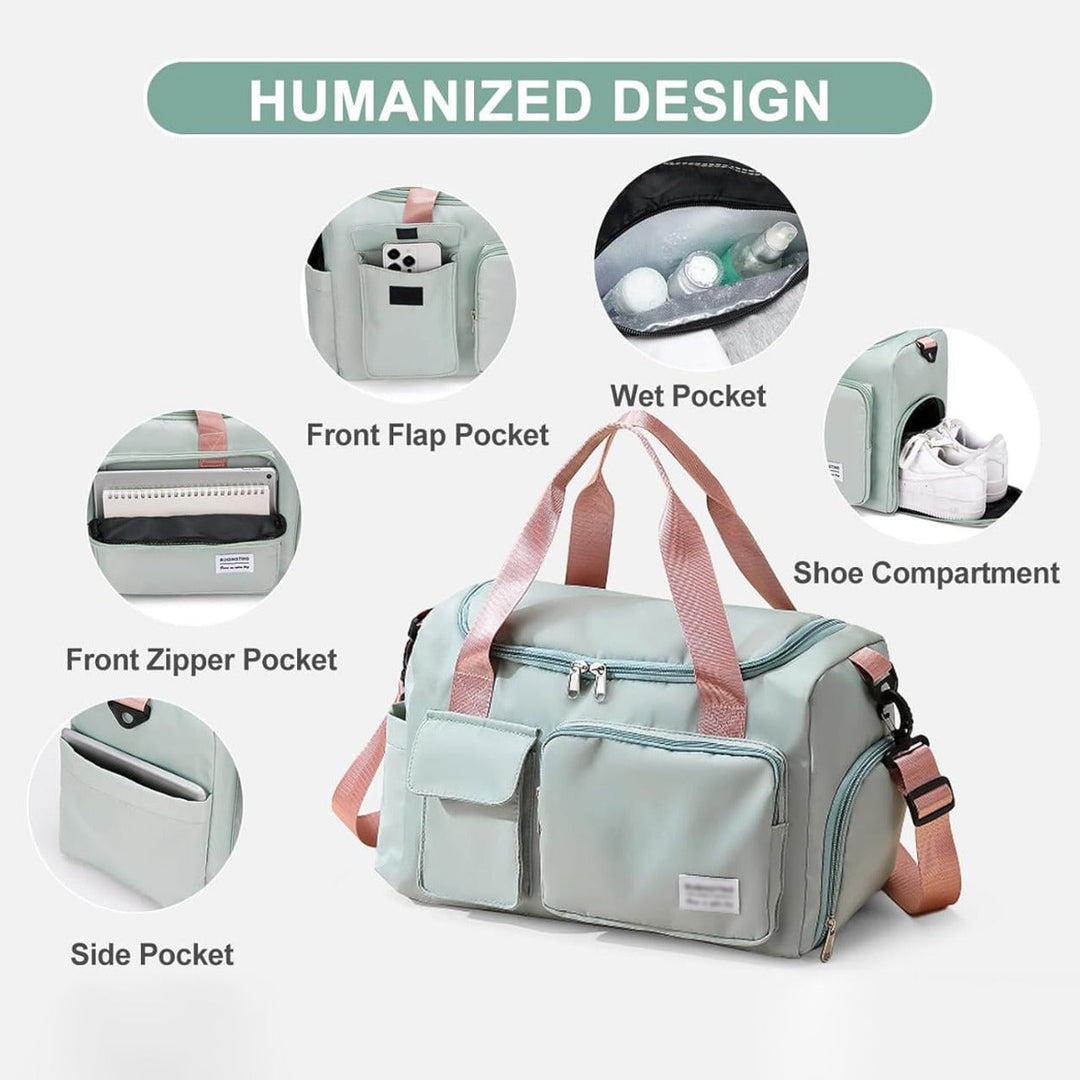 "Lila Damen-Reisetasche mit Schuhfach und mehreren Taschen, ideal für Reisen und Sport, robust und wasserdicht."