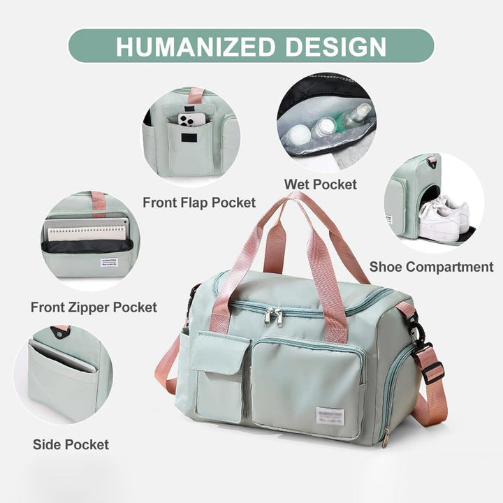 "Lila Damen-Reisetasche mit Schuhfach und mehreren Taschen, ideal für Reisen und Sport, robust und wasserdicht."