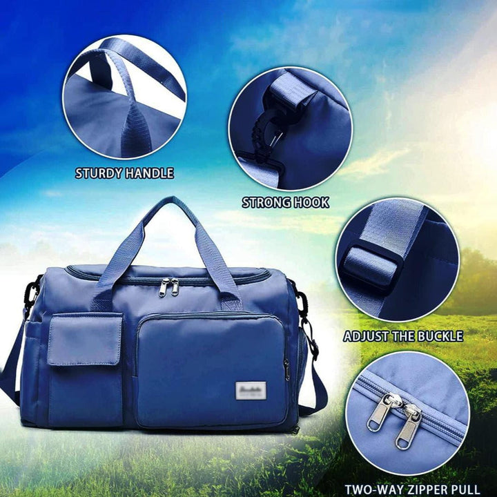 "Lila Damen-Reisetasche mit Schuhfach und mehreren Taschen, ideal für Reisen und Sport, robust und wasserdicht."