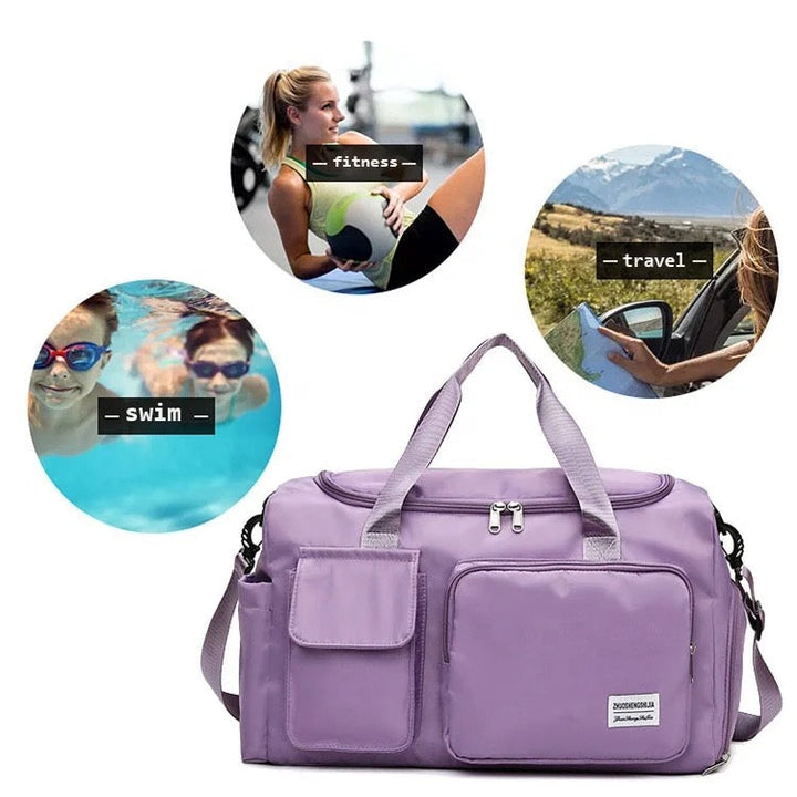 "Lila Damen-Reisetasche mit Schuhfach und mehreren Taschen, ideal für Reisen und Sport, robust und wasserdicht."