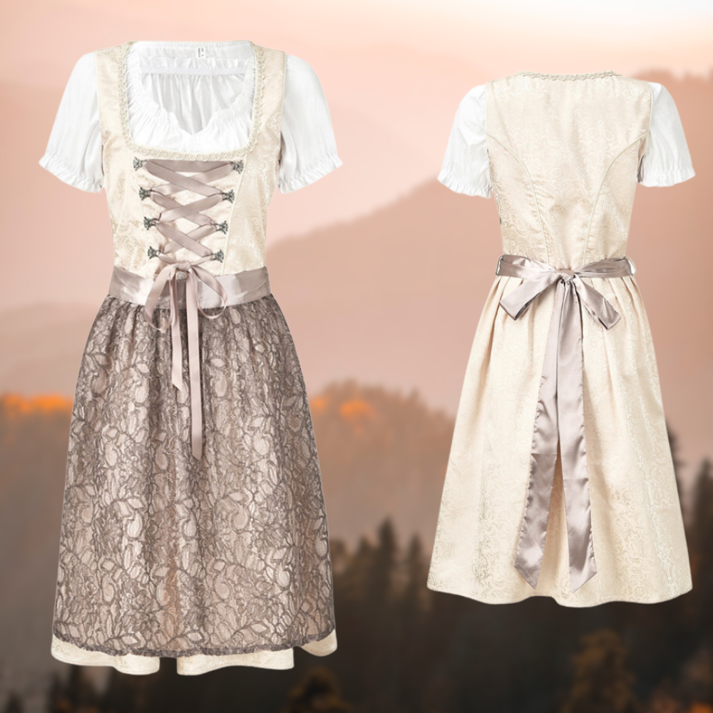 "Lina Dirndlkleid: Traditionelles Midi-Dirndl mit Bluse, Schürze in harmonischen Farben, perfekte Wahl für Oktoberfest."