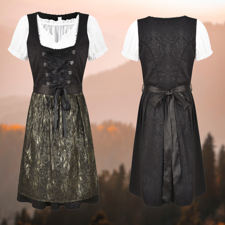 "Lina Dirndlkleid: Traditionelles Midi-Dirndl mit Bluse, Schürze in harmonischen Farben, perfekte Wahl für Oktoberfest."
