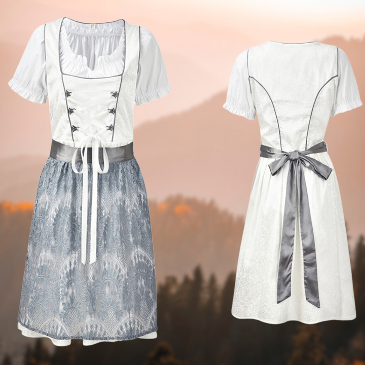 "Lina Dirndlkleid: Traditionelles Midi-Dirndl mit Bluse, Schürze in harmonischen Farben, perfekte Wahl für Oktoberfest."