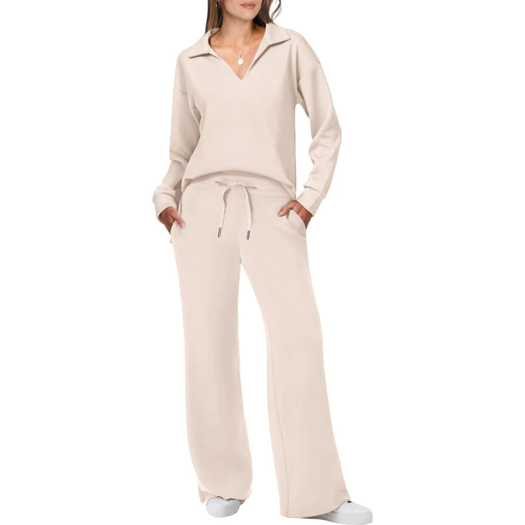 Lounge Set Damen, zweiteilig, weiches Material, lockere Passform, beige Farbe, ideal für gemütliche und stilvolle Outfits.
