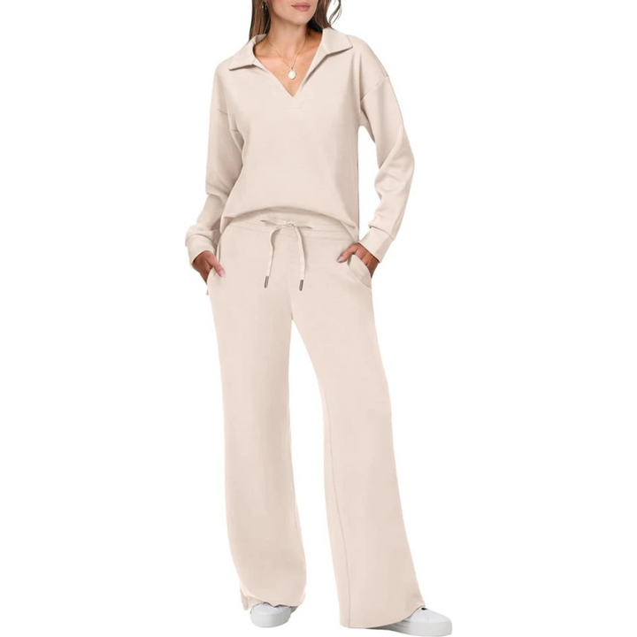 Lounge Set Damen, zweiteilig, weiches Material, lockere Passform, beige Farbe, ideal für gemütliche und stilvolle Outfits.