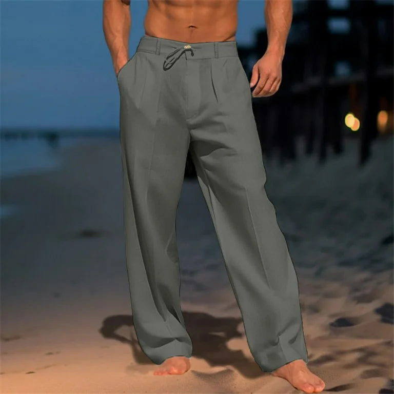 "Luftige Herren Leinenhose, atmungsaktiv, lockerer Schnitt, ideal für Sommer, vielseitig und pflegeleicht, in Beige."