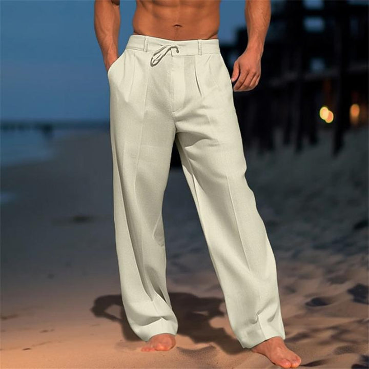"Luftige Herren Leinenhose, atmungsaktiv, lockerer Schnitt, ideal für Sommer, vielseitig und pflegeleicht, in Beige."