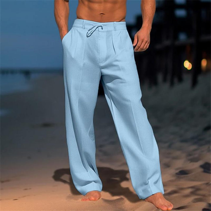 "Luftige Herren Leinenhose, atmungsaktiv, lockerer Schnitt, ideal für Sommer, vielseitig und pflegeleicht, in Beige."