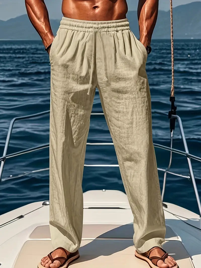 "Luftige Herren-Leinenhose, weite Passform, ideal für Sommermode und elegante, komfortable Looks."