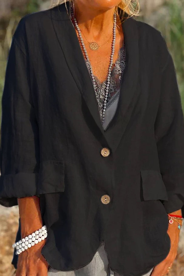 "Luftige Leinenjacke Jessica für Damen mit eleganter Knopfleiste, ideal für Sommeranlässe in verschiedenen Farben."