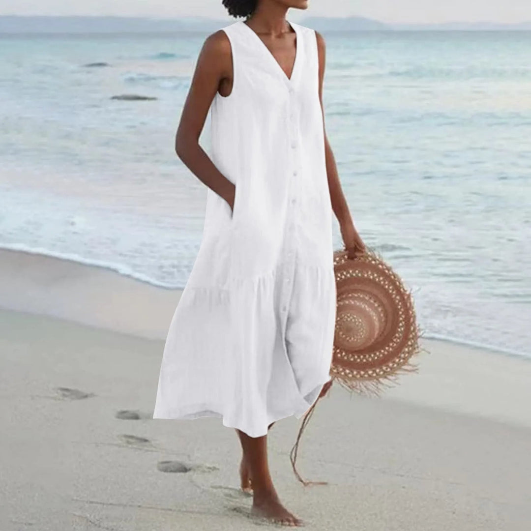 "Luftiges Damen Sommerkleid mit Knopfleiste, Midi-Länge, elegantes Design, perfekt für warme Tage und vielseitige Anlässe."