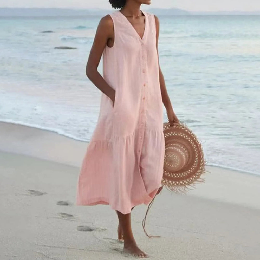 "Luftiges Damen Sommerkleid mit Knopfleiste, Midi-Länge, elegantes Design, perfekt für warme Tage und vielseitige Anlässe."