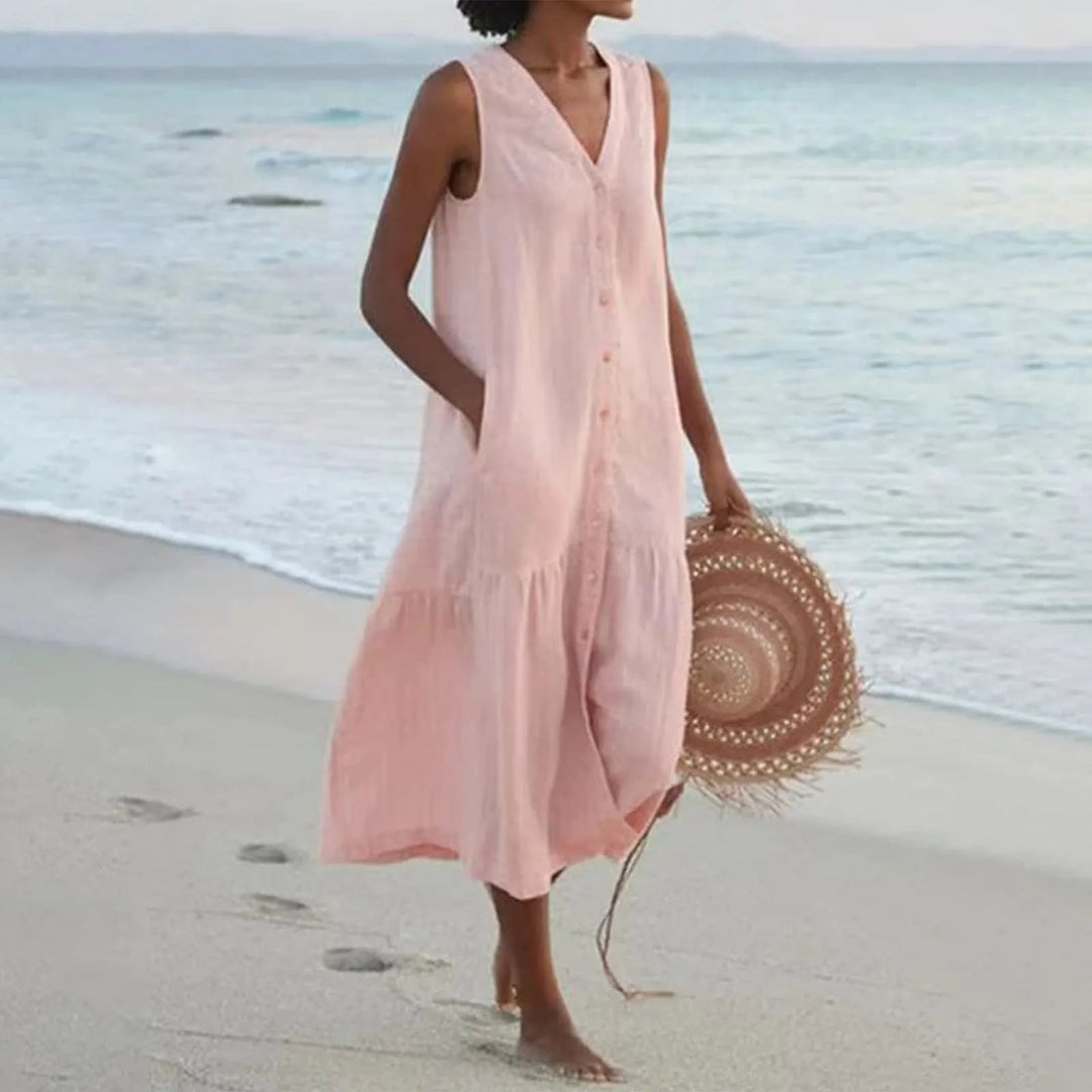 "Luftiges Damen Sommerkleid mit Knopfleiste, Midi-Länge, elegantes Design, perfekt für warme Tage und vielseitige Anlässe."