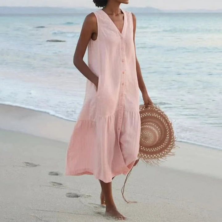 "Luftiges Damen Sommerkleid mit Knopfleiste, Midi-Länge, elegantes Design, perfekt für warme Tage und vielseitige Anlässe."