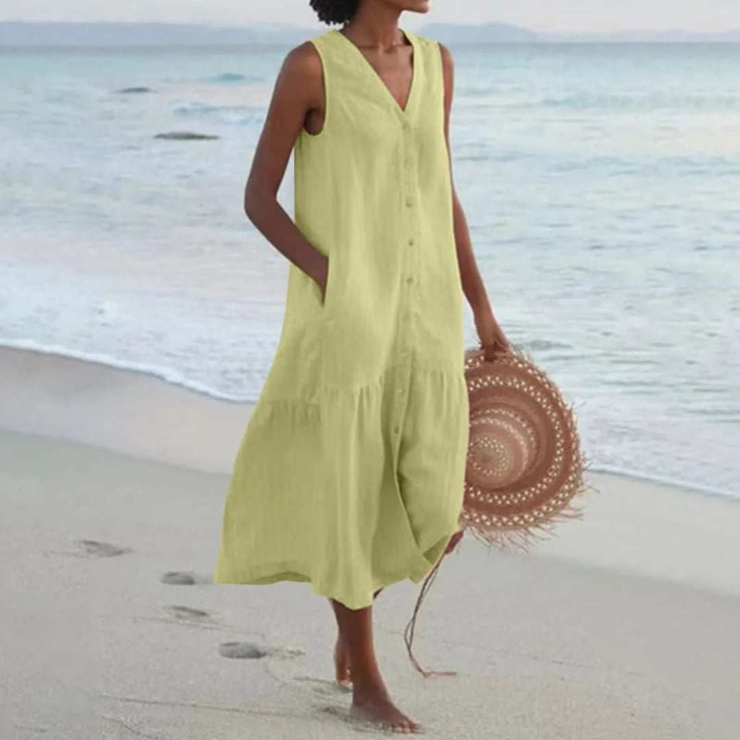 "Luftiges Damen Sommerkleid mit Knopfleiste, Midi-Länge, elegantes Design, perfekt für warme Tage und vielseitige Anlässe."