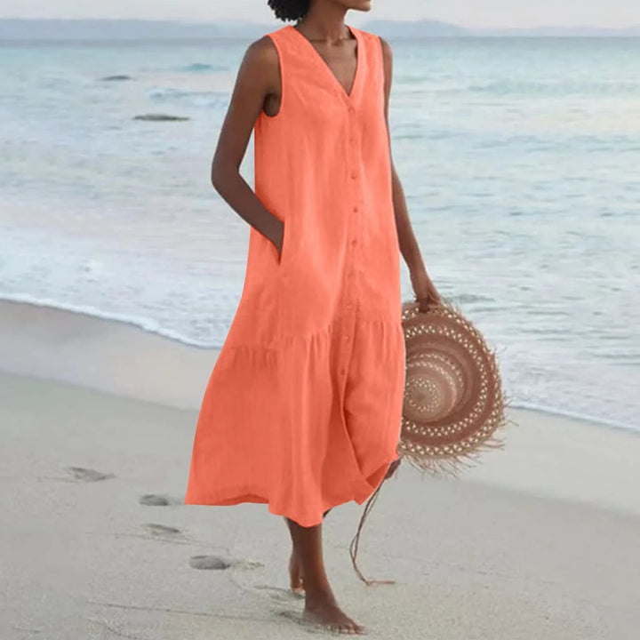 "Luftiges Damen Sommerkleid mit Knopfleiste, Midi-Länge, elegantes Design, perfekt für warme Tage und vielseitige Anlässe."