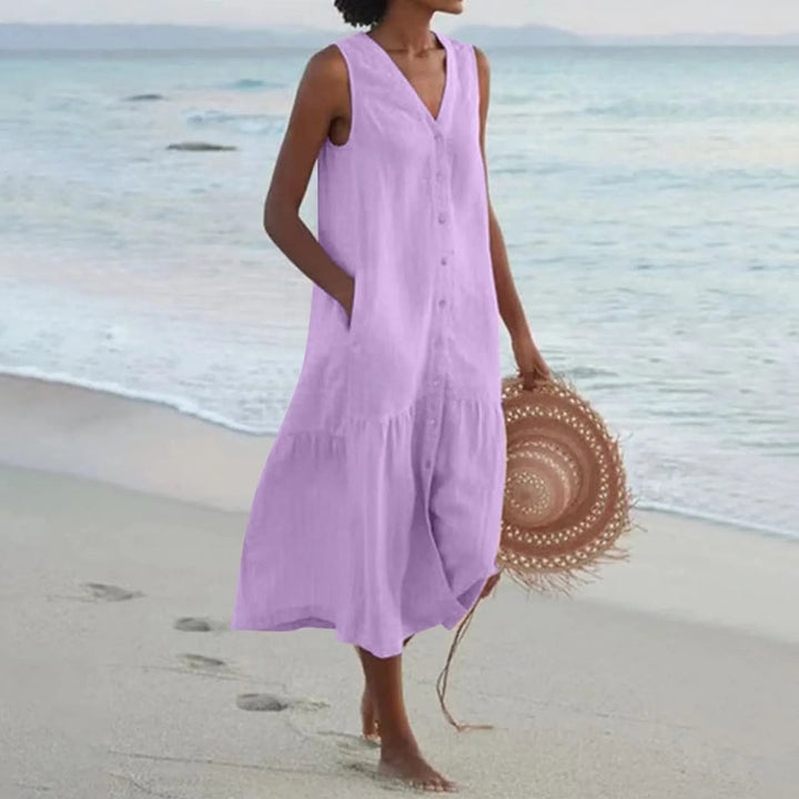 "Luftiges Damen Sommerkleid mit Knopfleiste, Midi-Länge, elegantes Design, perfekt für warme Tage und vielseitige Anlässe."
