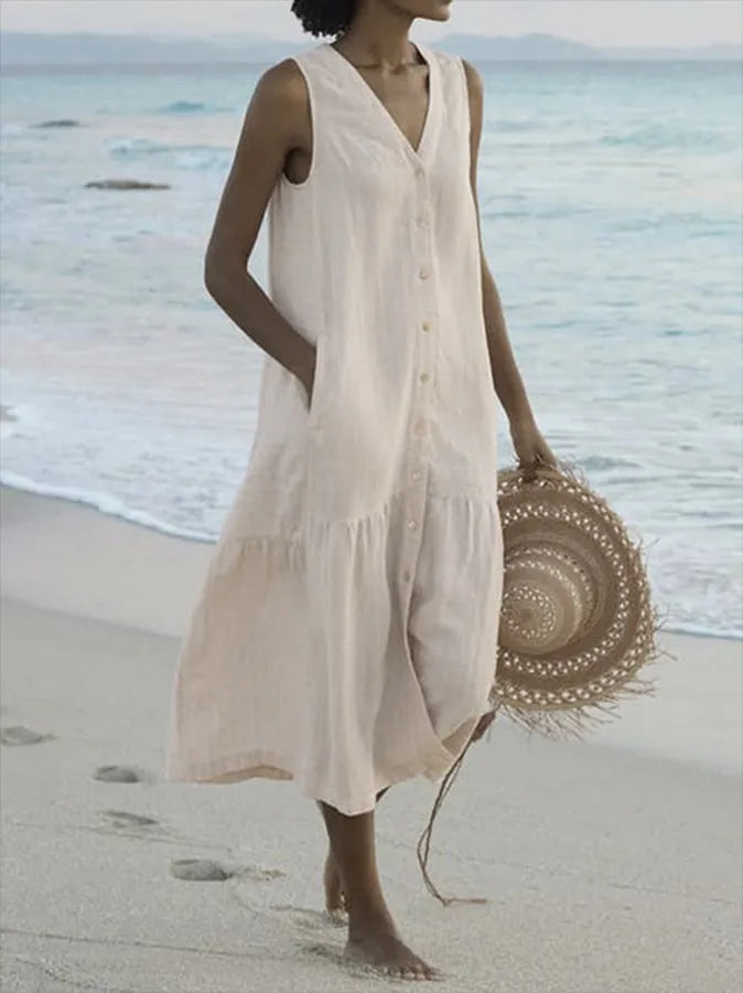 "Luftiges Damen Sommerkleid mit Knopfleiste, Midi-Länge, elegantes Design, perfekt für warme Tage und vielseitige Anlässe."