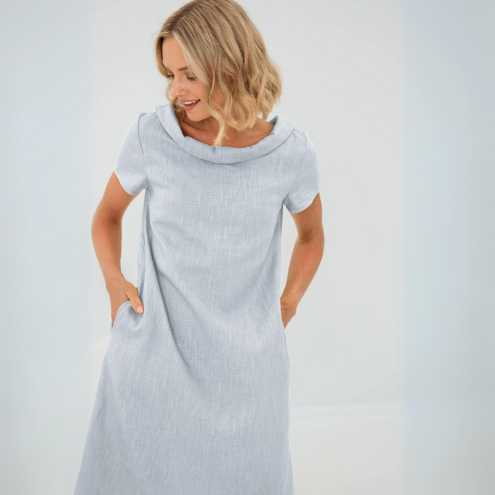 "Luftiges Sommerkleid aus Leinen-Baumwoll-Mix, kurze Ärmel, vielseitig stilvoll in Gelb, Schwarz, Babyblau, Dunkelblau"