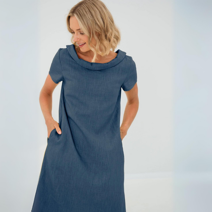 "Luftiges Sommerkleid aus Leinen-Baumwoll-Mix, kurze Ärmel, vielseitig stilvoll in Gelb, Schwarz, Babyblau, Dunkelblau"