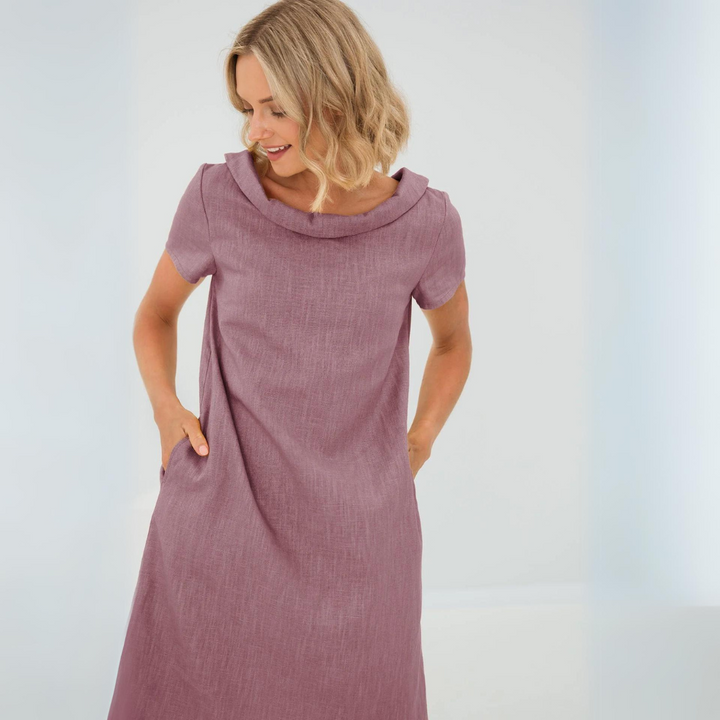 "Luftiges Sommerkleid aus Leinen-Baumwoll-Mix, kurze Ärmel, vielseitig stilvoll in Gelb, Schwarz, Babyblau, Dunkelblau"