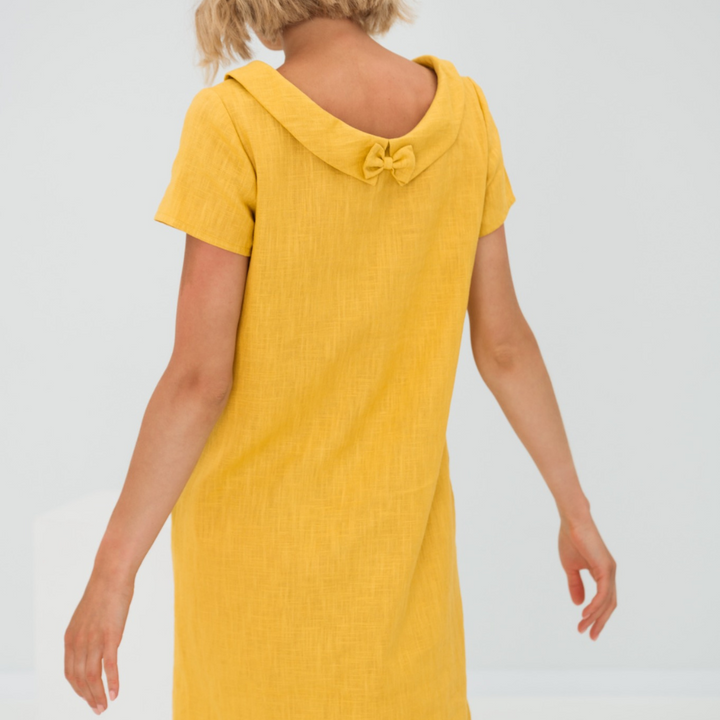 "Luftiges Sommerkleid aus Leinen-Baumwoll-Mix, kurze Ärmel, vielseitig stilvoll in Gelb, Schwarz, Babyblau, Dunkelblau"