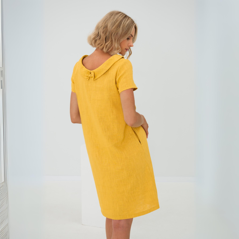 "Luftiges Sommerkleid aus Leinen-Baumwoll-Mix, kurze Ärmel, vielseitig stilvoll in Gelb, Schwarz, Babyblau, Dunkelblau"