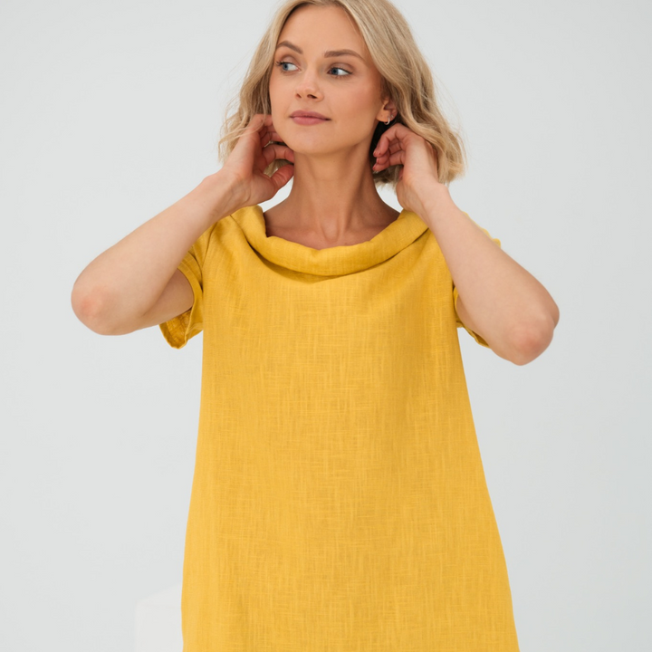 "Luftiges Sommerkleid aus Leinen-Baumwoll-Mix, kurze Ärmel, vielseitig stilvoll in Gelb, Schwarz, Babyblau, Dunkelblau"