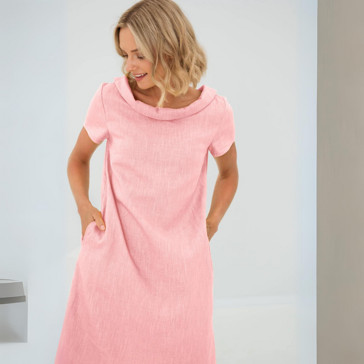 "Luftiges Sommerkleid aus Leinen-Baumwoll-Mix, kurze Ärmel, vielseitig stilvoll in Gelb, Schwarz, Babyblau, Dunkelblau"