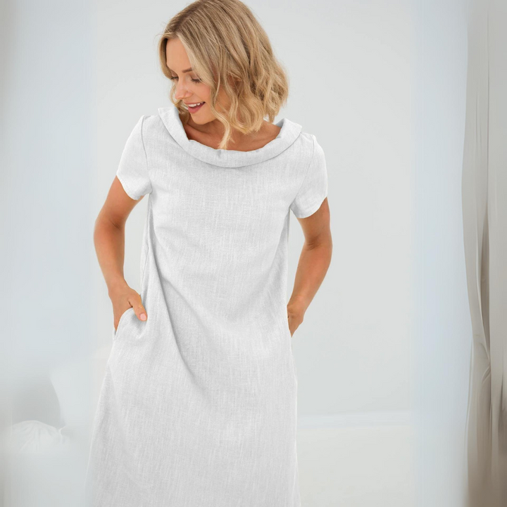 "Luftiges Sommerkleid aus Leinen-Baumwoll-Mix, kurze Ärmel, vielseitig stilvoll in Gelb, Schwarz, Babyblau, Dunkelblau"