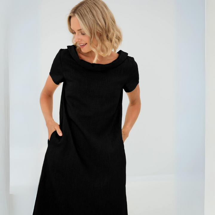 "Luftiges Sommerkleid aus Leinen-Baumwoll-Mix, kurze Ärmel, vielseitig stilvoll in Gelb, Schwarz, Babyblau, Dunkelblau"