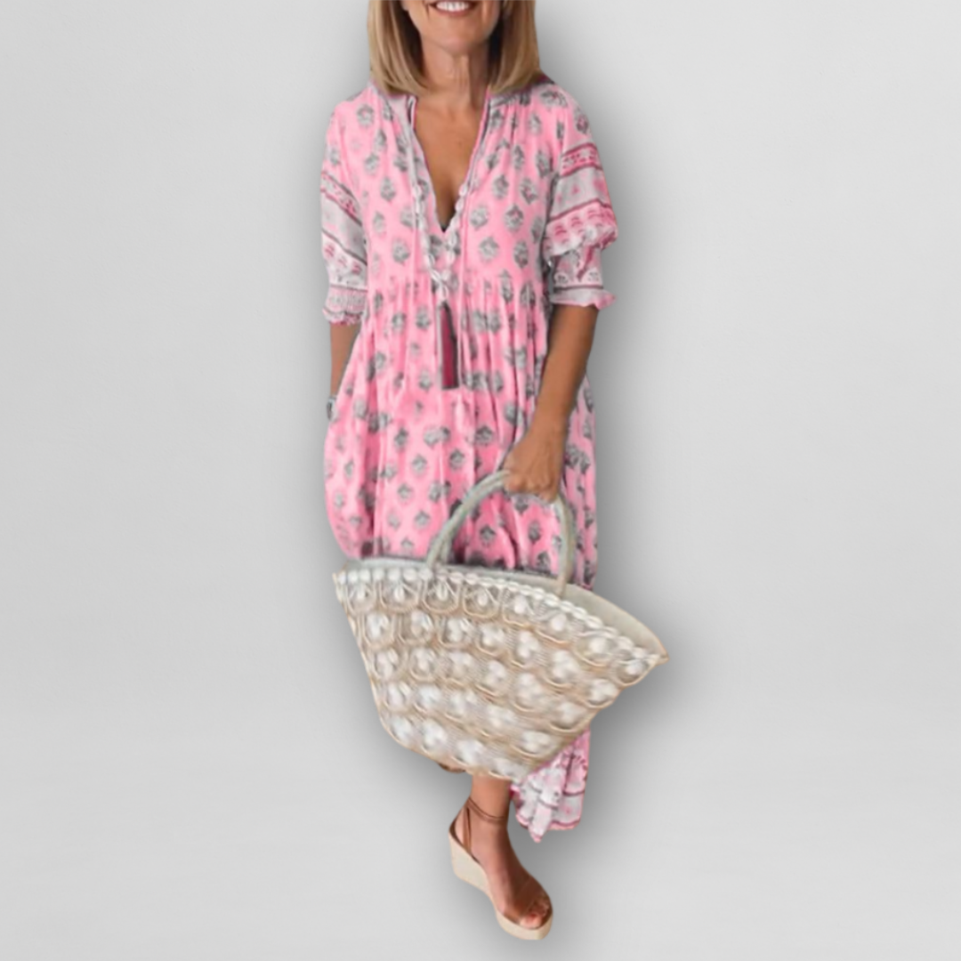 "Luftiges Sommerkleid mit floralem Muster, Altrosa/Hellblau, lockerer Schnitt, L-3XL, ideal für warme Tage."