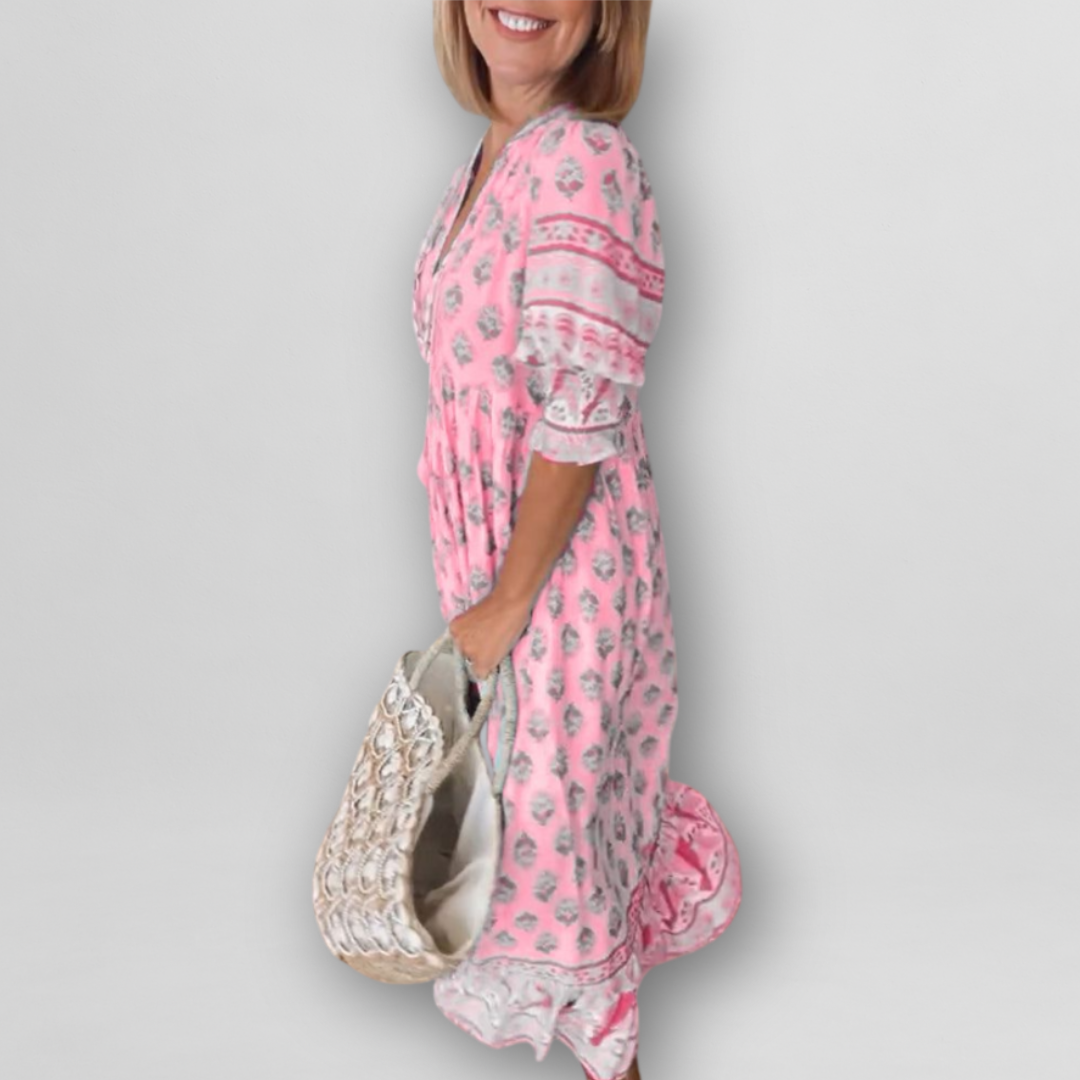 "Luftiges Sommerkleid mit floralem Muster, Altrosa/Hellblau, lockerer Schnitt, L-3XL, ideal für warme Tage."