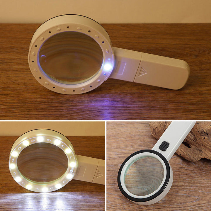 "Lupe mit 30-facher Vergrößerung, großes Glas, zwölf LED-Lichter, seniorenfreundlich, detailreiche Ansicht."