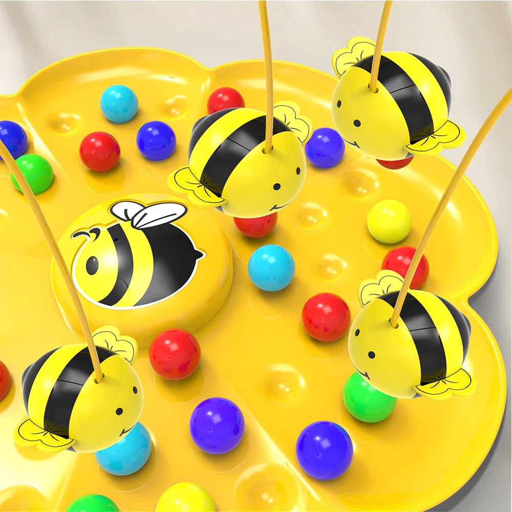"Lustiges Bienenchaos Geschicklichkeitsspiel: bunte Kugeln sammeln mit Kopfband, ideal für Kinder und Familie."