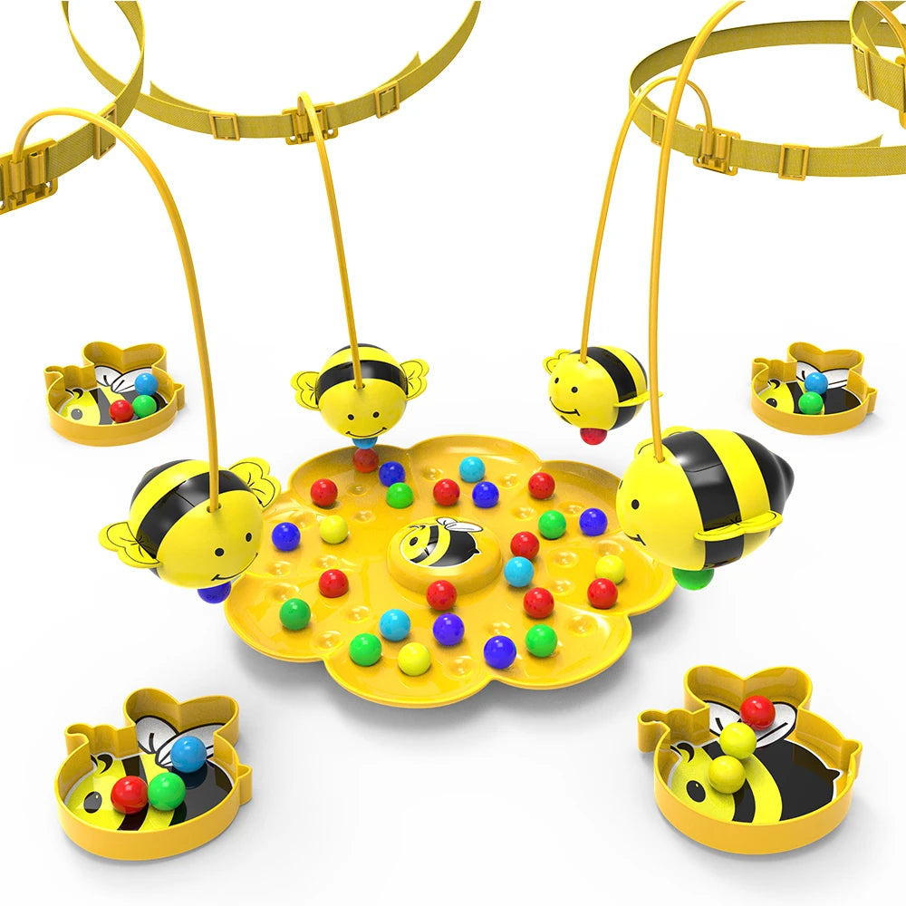 "Lustiges Bienenchaos Geschicklichkeitsspiel: bunte Kugeln sammeln mit Kopfband, ideal für Kinder und Familie."