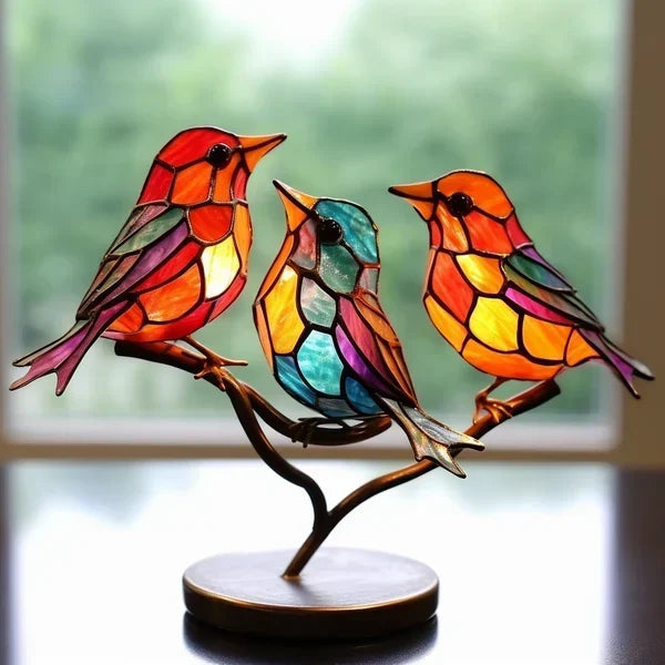 "Luxuriöse handgefertigte Buntglas Vogelstatuette, kunstvolles Design, farbenfroh, ideal für stilvolles Interieur."