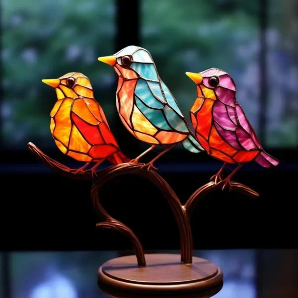 "Luxuriöse handgefertigte Buntglas Vogelstatuette, kunstvolles Design, farbenfroh, ideal für stilvolles Interieur."