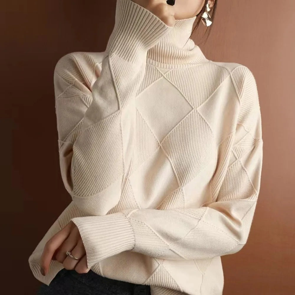 Luxuriöser Damen Kaschmir-Rollkragenpullover, beige, weich, elegantes Design; idealer Komfort für stilvolle Anlässe.