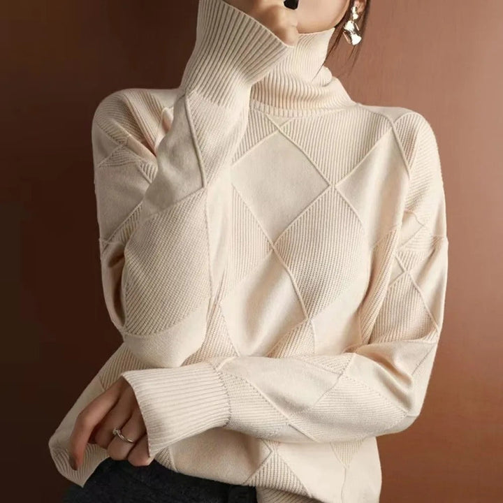 Luxuriöser Damen Kaschmir-Rollkragenpullover, beige, weich, elegantes Design; idealer Komfort für stilvolle Anlässe.