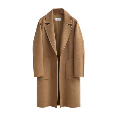 Luxuriöser Damen-Wollmantel in zeitlosem Trenchcoat-Design, anthrazit, aus 100% Wolle, komfortabel und elegant.