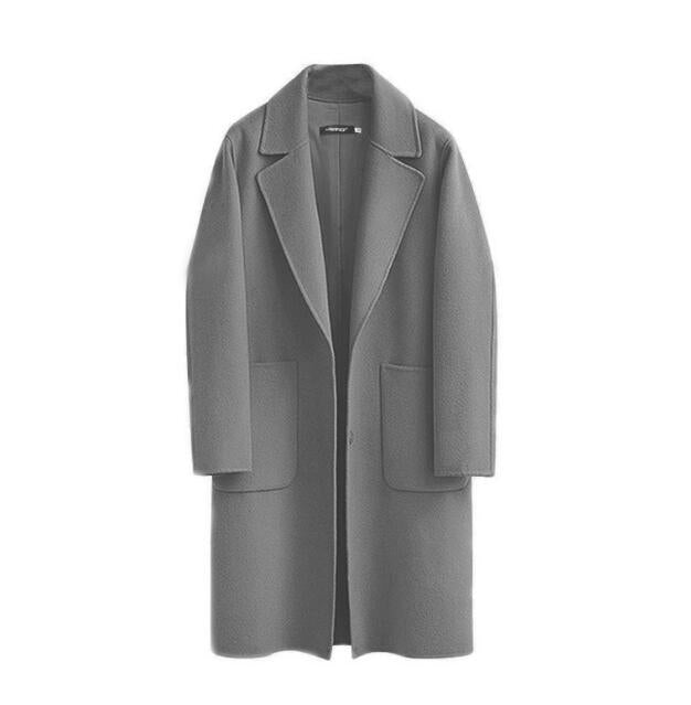 Luxuriöser Damen-Wollmantel in zeitlosem Trenchcoat-Design, anthrazit, aus 100% Wolle, komfortabel und elegant.