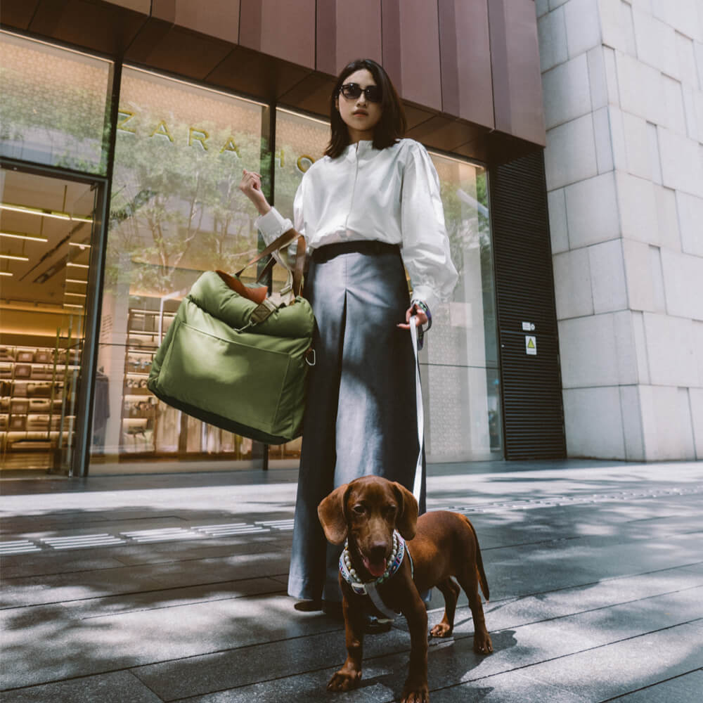 "Luxuriöser Hundeautositz aus Kunstleder, beige, mit weicher Polsterung und Sicherheitsgurt für komfortables Reisen."