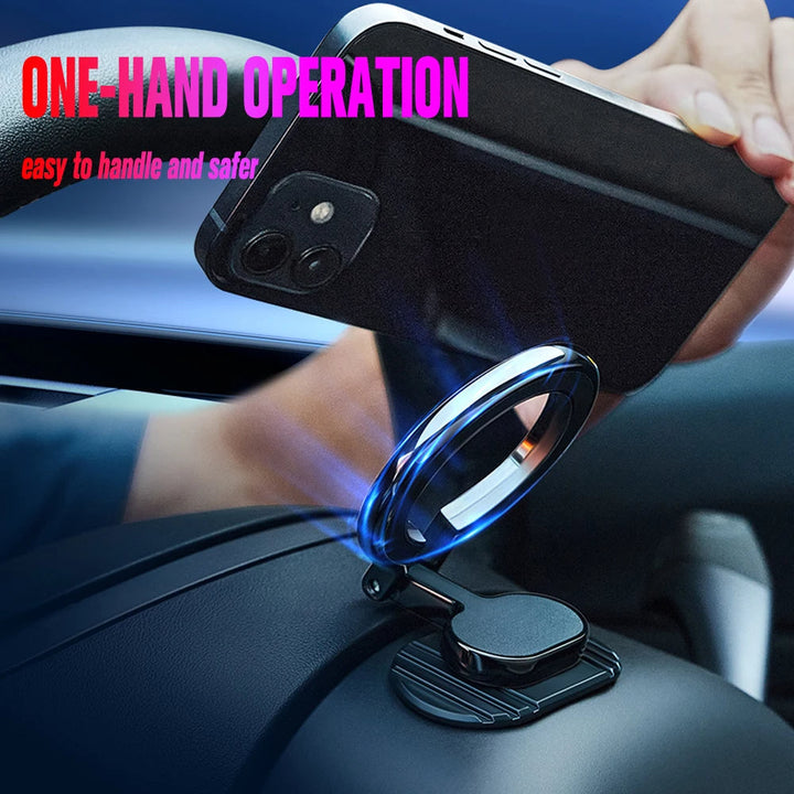"Magnetische Handyhalterung im Auto mit Magsafe-Technologie, 360-Grad-Drehung und klappbarem Design für sicheren Halt."